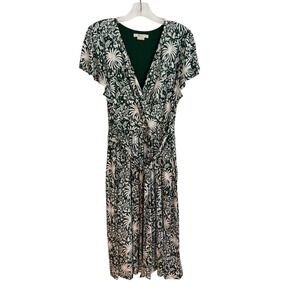 Boden Wrap Dress Midi 10L Green White Botanical Palm Print  Flutter Sleeve J0864